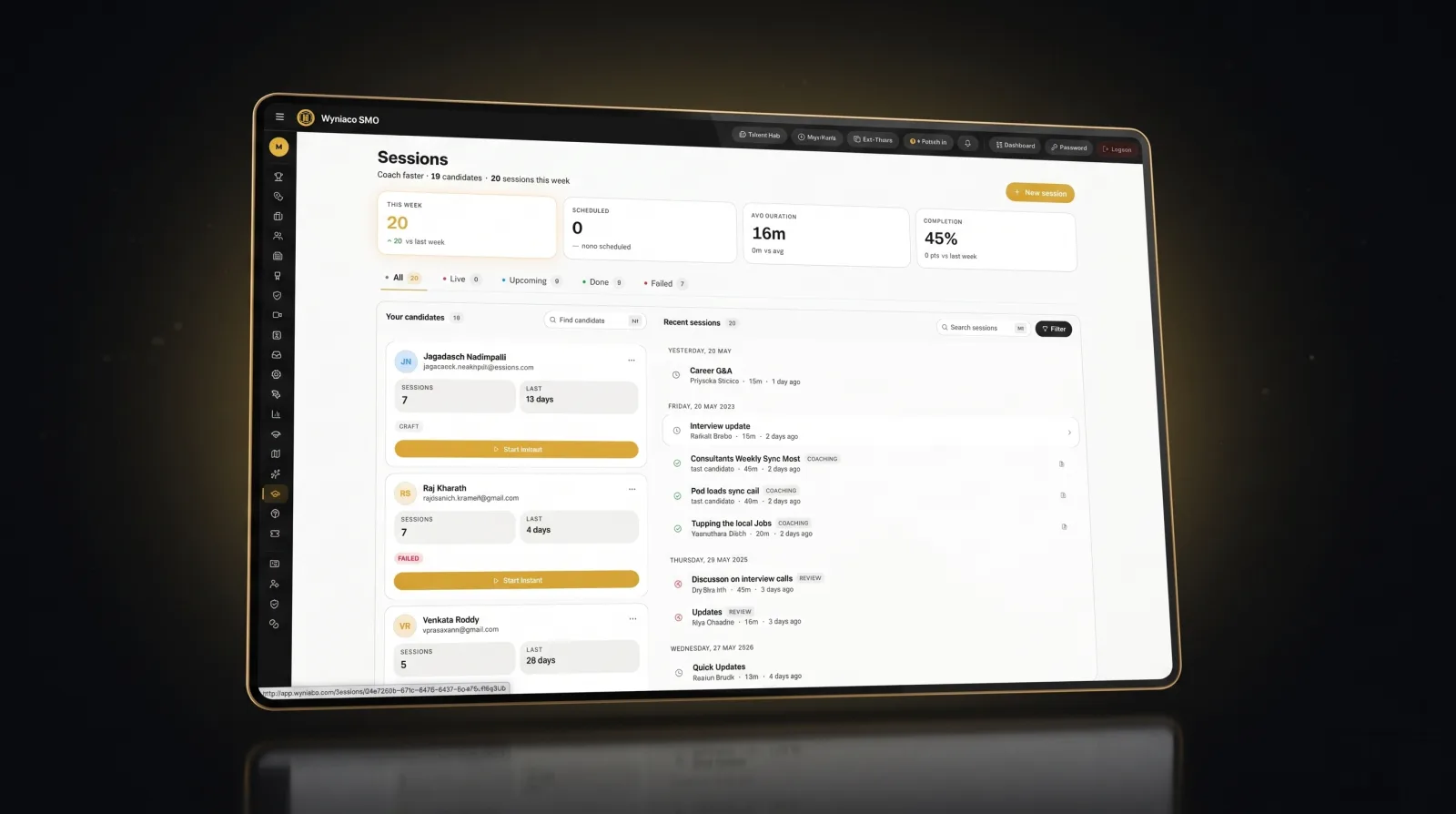 Wynisco coaching Sessions dashboard showing candidates, mentors and 1:1 session history