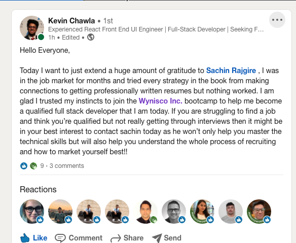 Kevin Chawla review of Wynisco for front end full stack development bootcamp and job placement